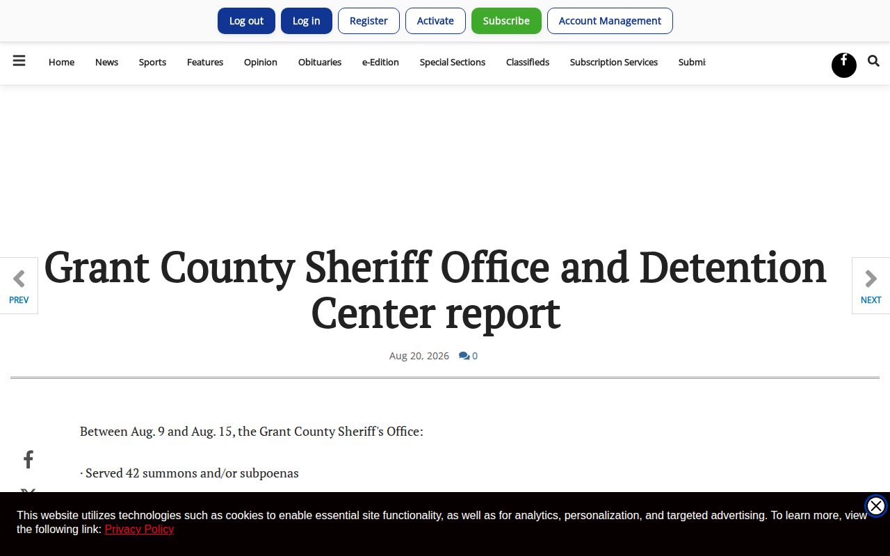 Grant County News sheriff arrest report and detention center population analysis