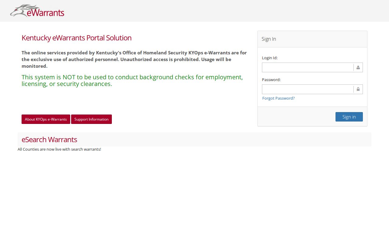 Kentucky eWarrants restricted access page for Grant County warrant routing